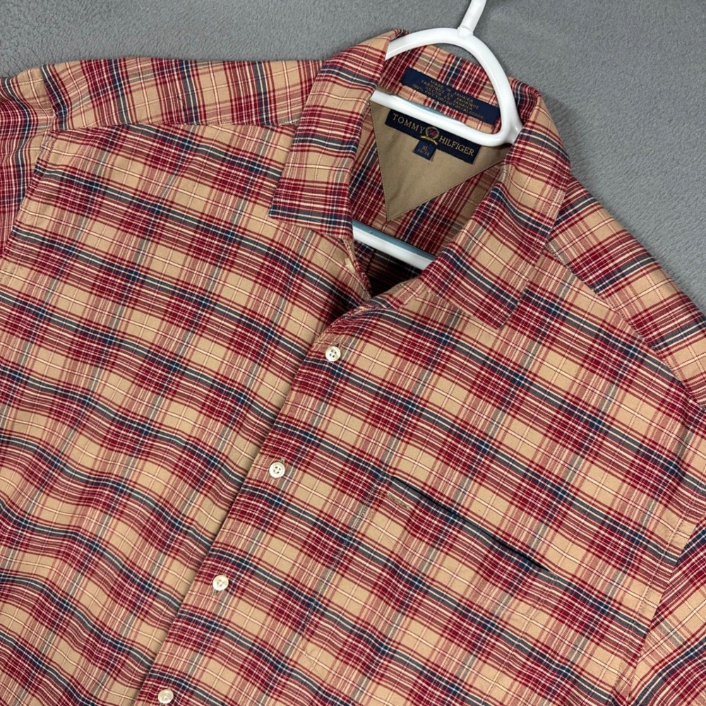 Tommy Hilfiger Shirt Mens XL Tan Red Plaid Short Sleeve Crest Logo Button VTG